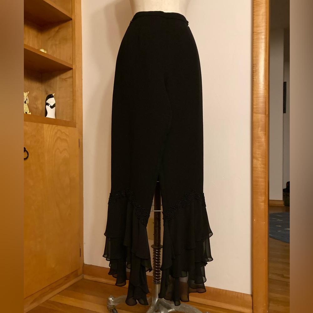 Sandra Darren Black Flared Pants Ruffle Beaded Floral Sheer Tiered